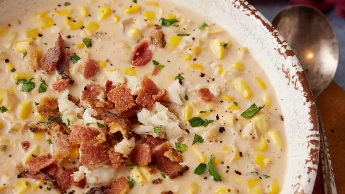 A close up shot of Corn and Crab Soup Without Potatoes.