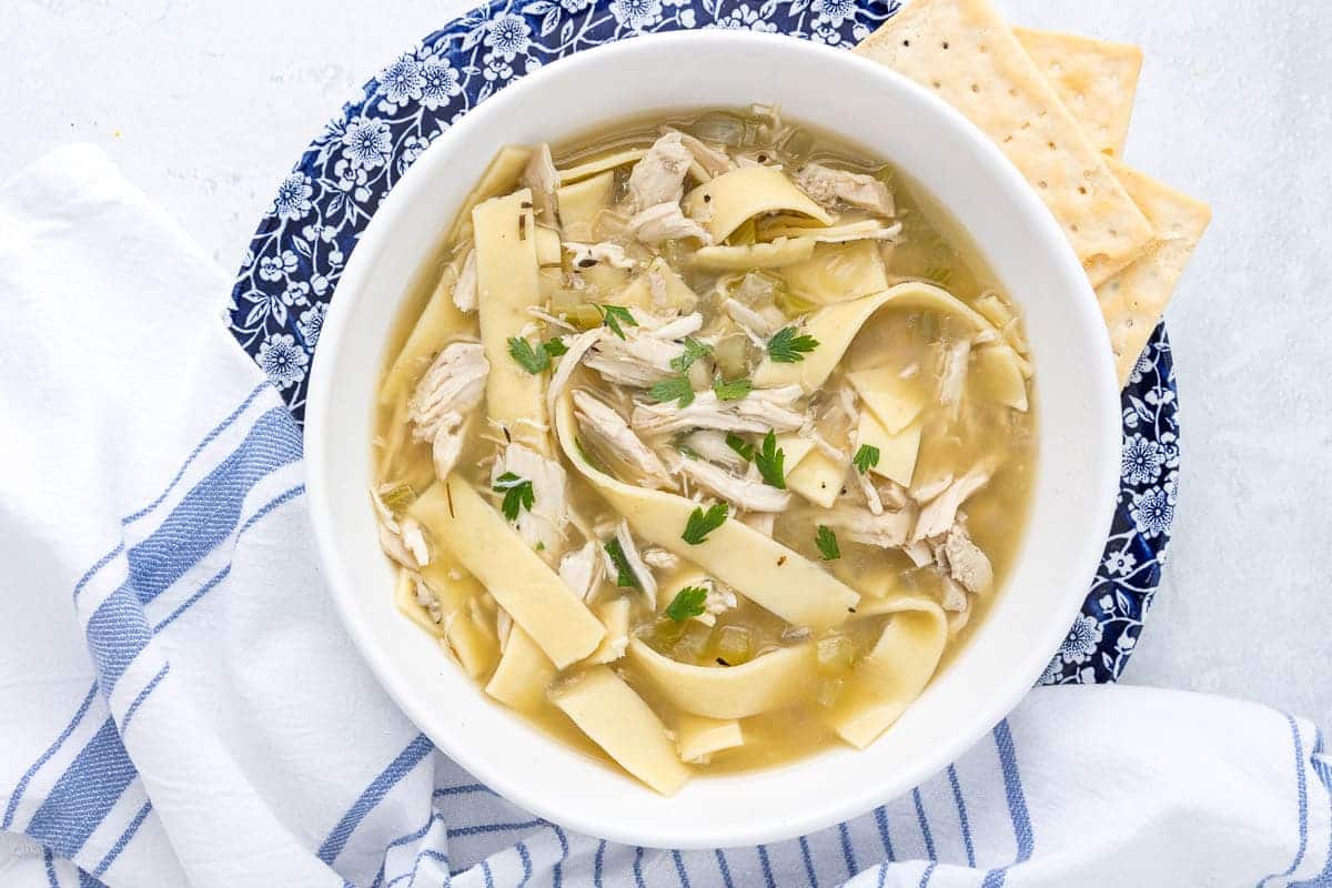 A close up shot of Chicken Noodle Soup.