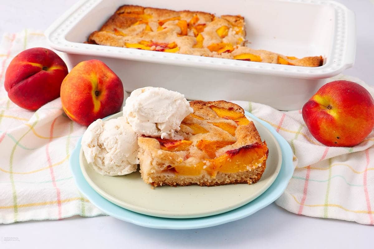 A close up shot of Bisquick Peach Cobbler.