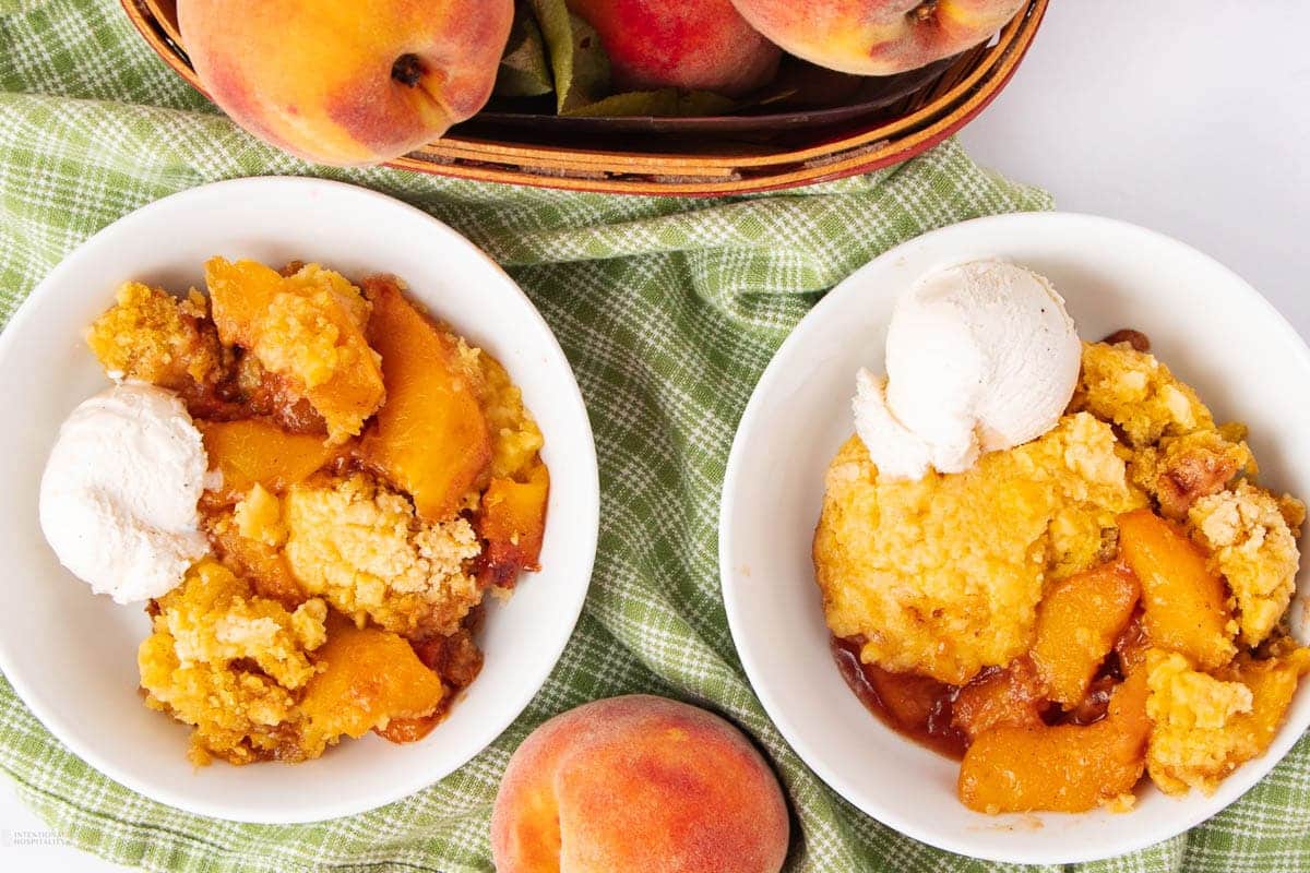 A close up shot of Peach Cobbler with Cake Mix.