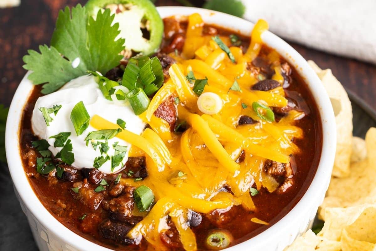 A close up shot of turkey chili.