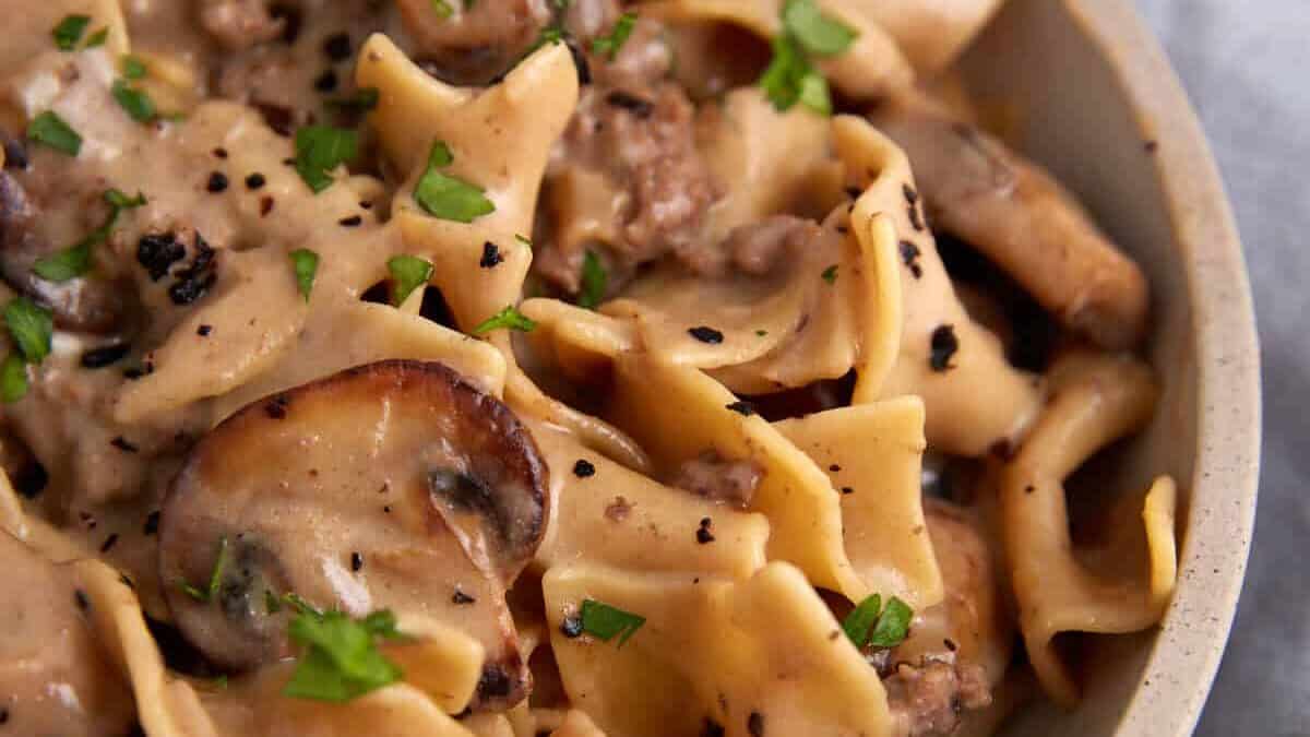 A close up shot of Beef Stroganoff With Homemade Cream of Mushroom Soup.