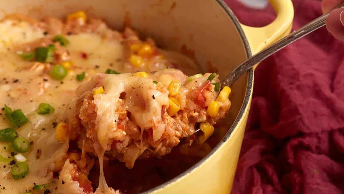 A close up shot of One Pot Southwest Chicken and Rice Casserole.