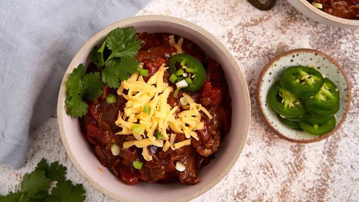A close up shot of short rib chili.