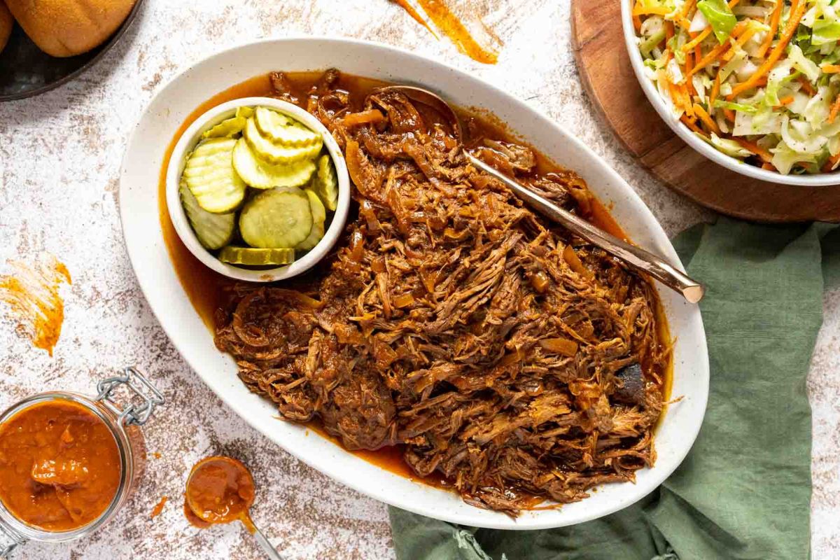 A close up shot of Slow Cooker BBQ Pulled Beef.