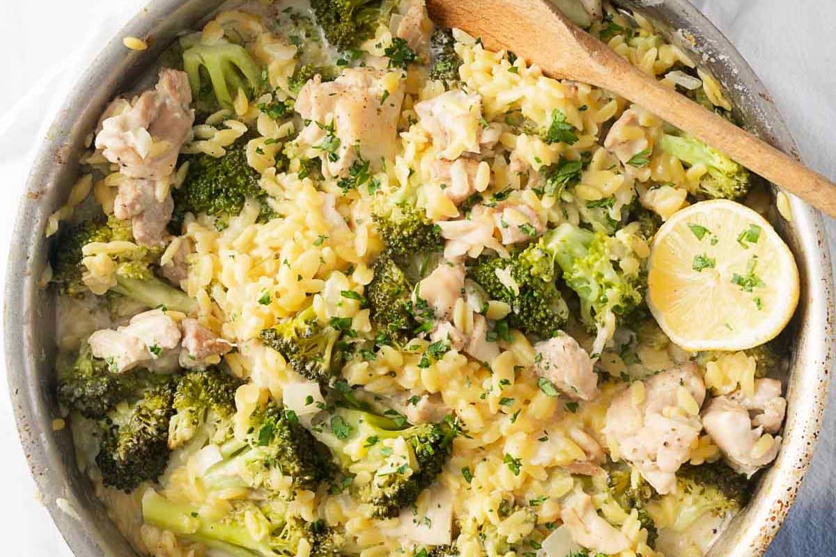 A close up shot of Chicken Orzo Bake with Boursin.