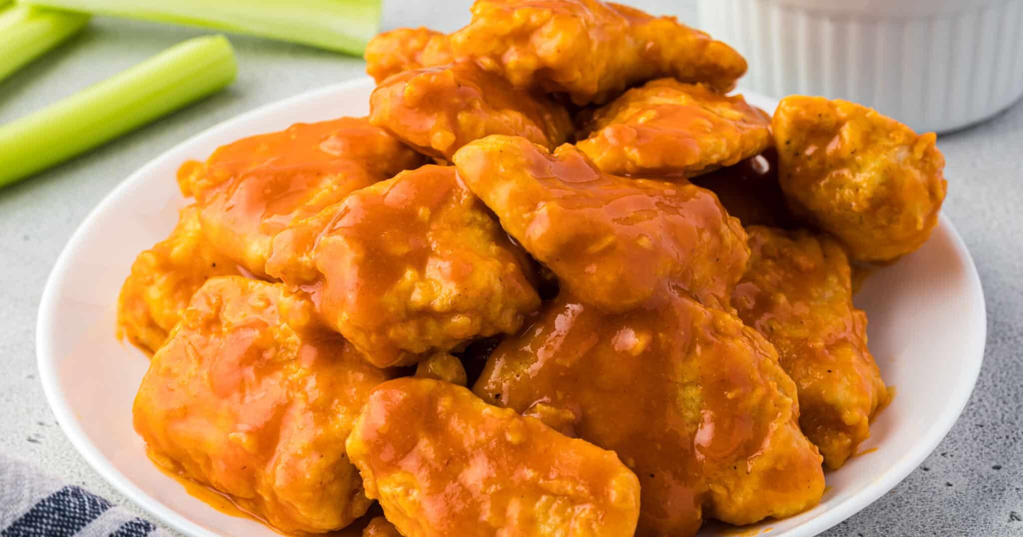 A close up shot of Boneless Buffalo Wings.
