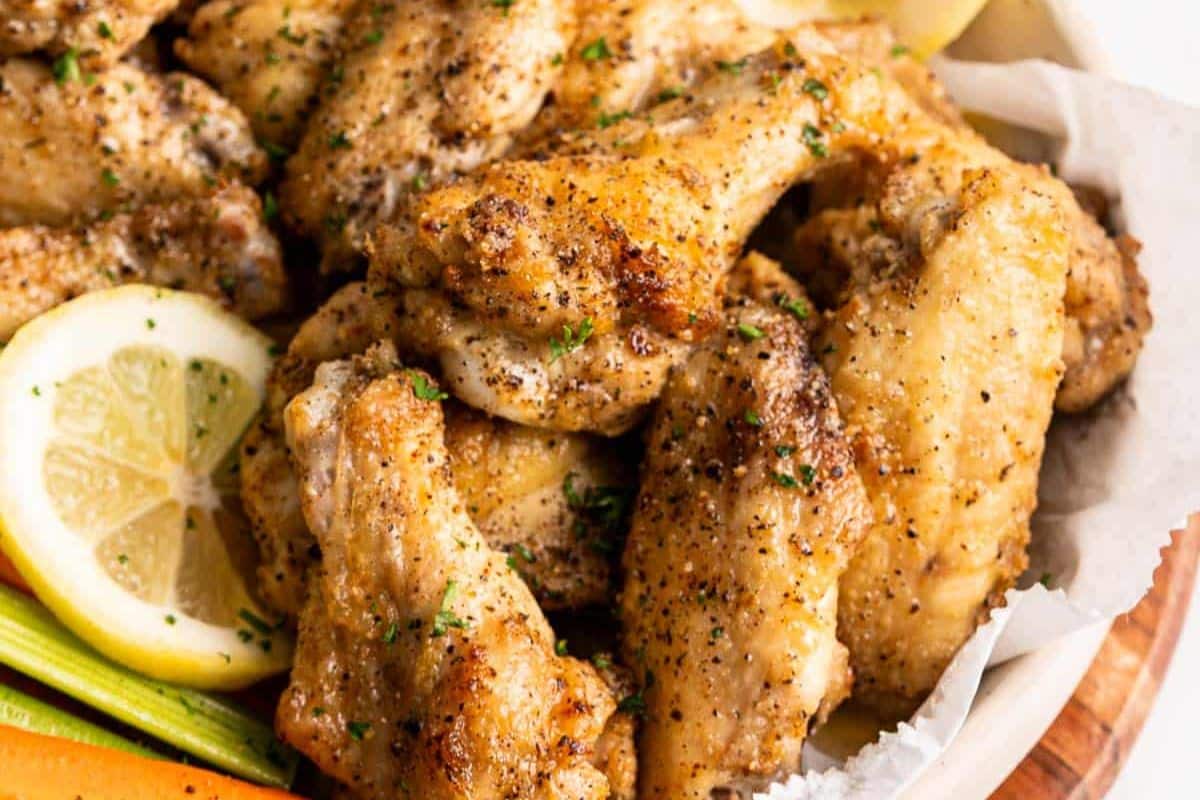 A close up shot of Baked Lemon Pepper Chicken Wings.