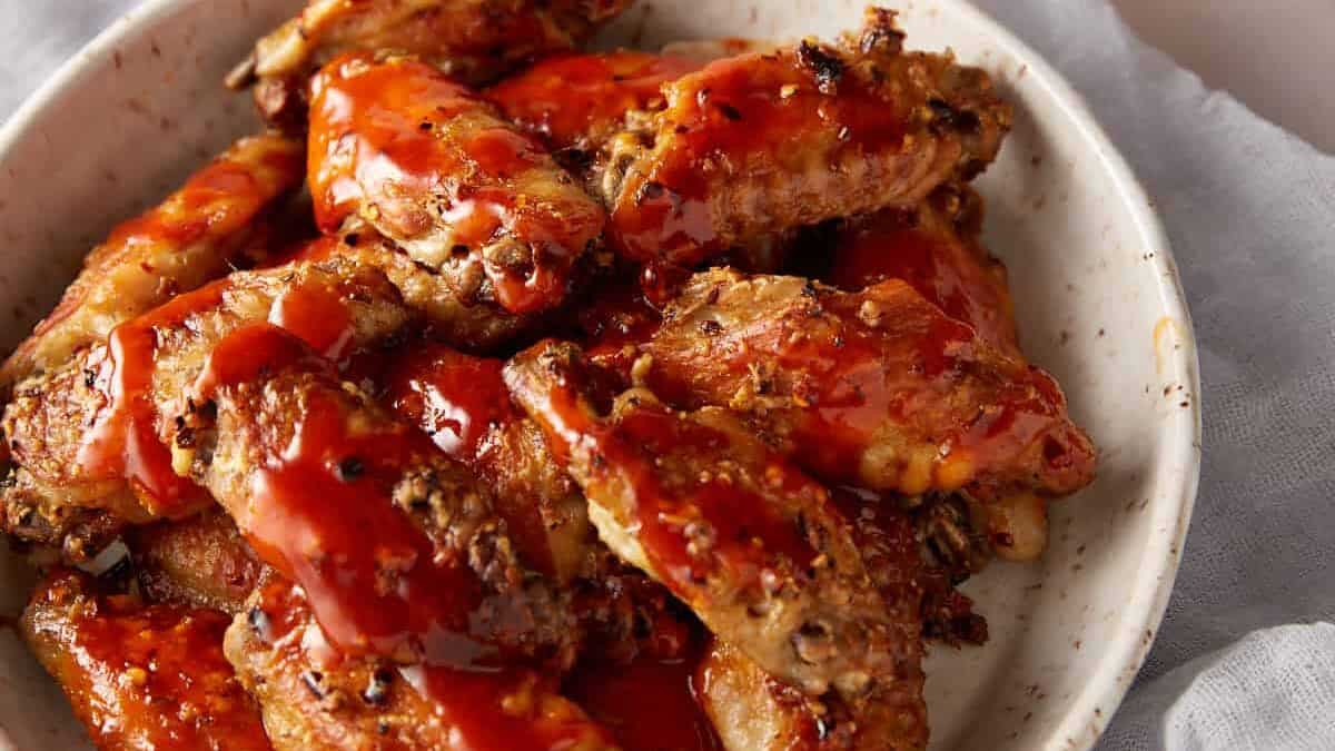 A close up shot of Baked Buffalo Wings with Homemade Buffalo Sauce.