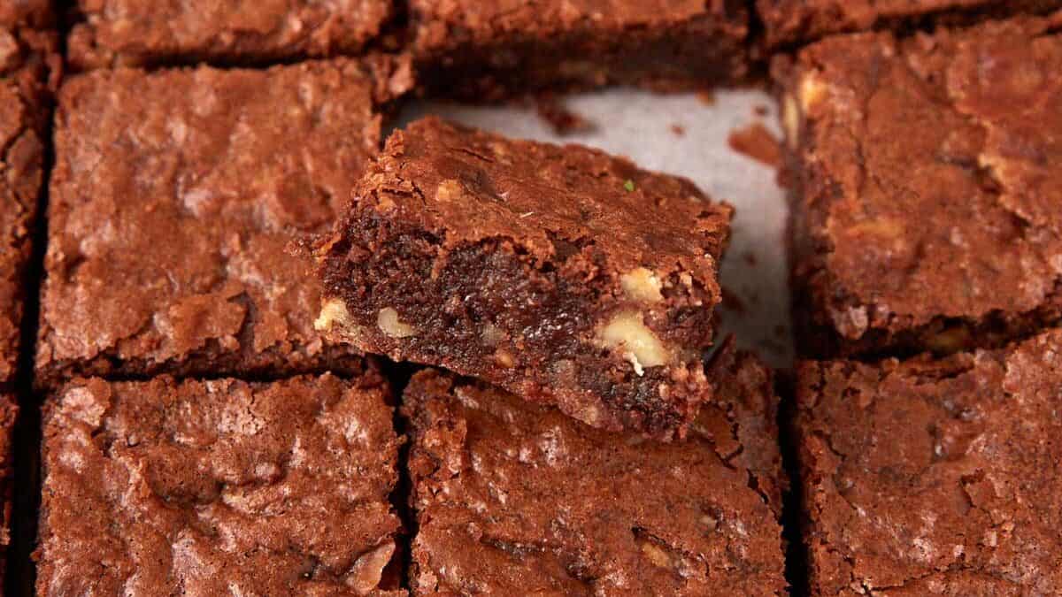 A close up shot of pecan praline brownies.