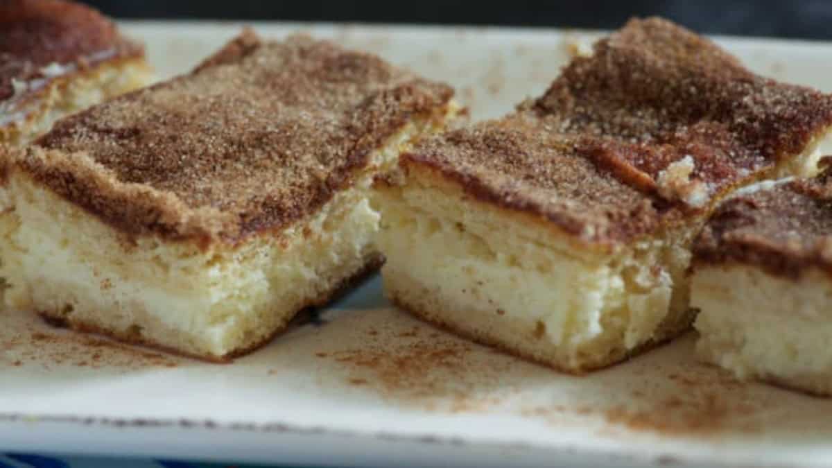 A close up shot of cinnamon sugar cheesecake bars.