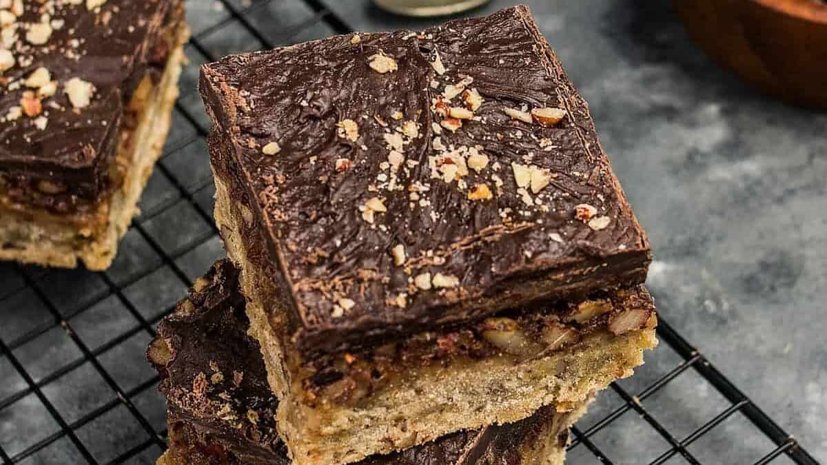 A close up shot of pecan pie bars.