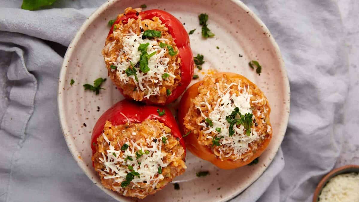 A close up shot of stuffed peppers.