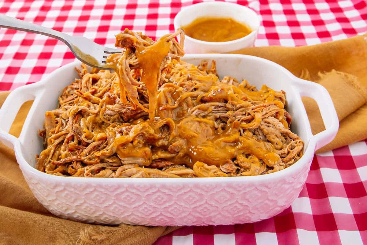 A close up shot of pulled pork loin.