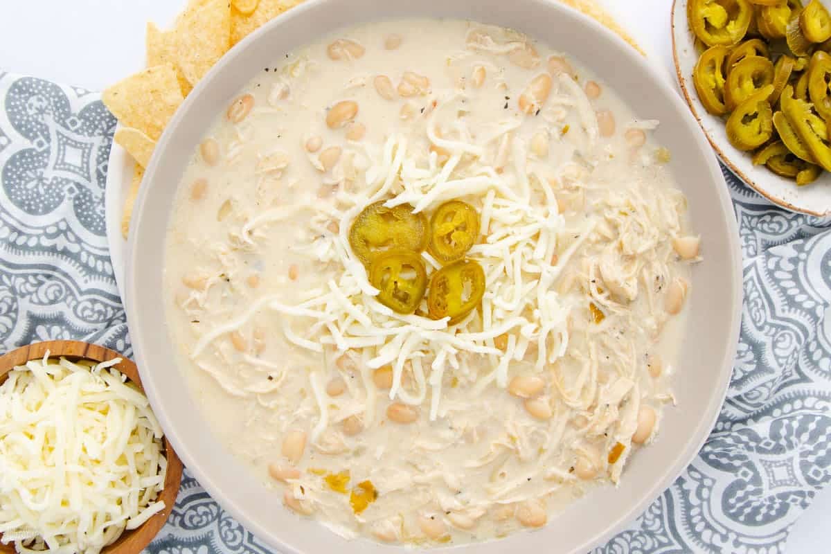A close up shot of white chili recipe with chicken.