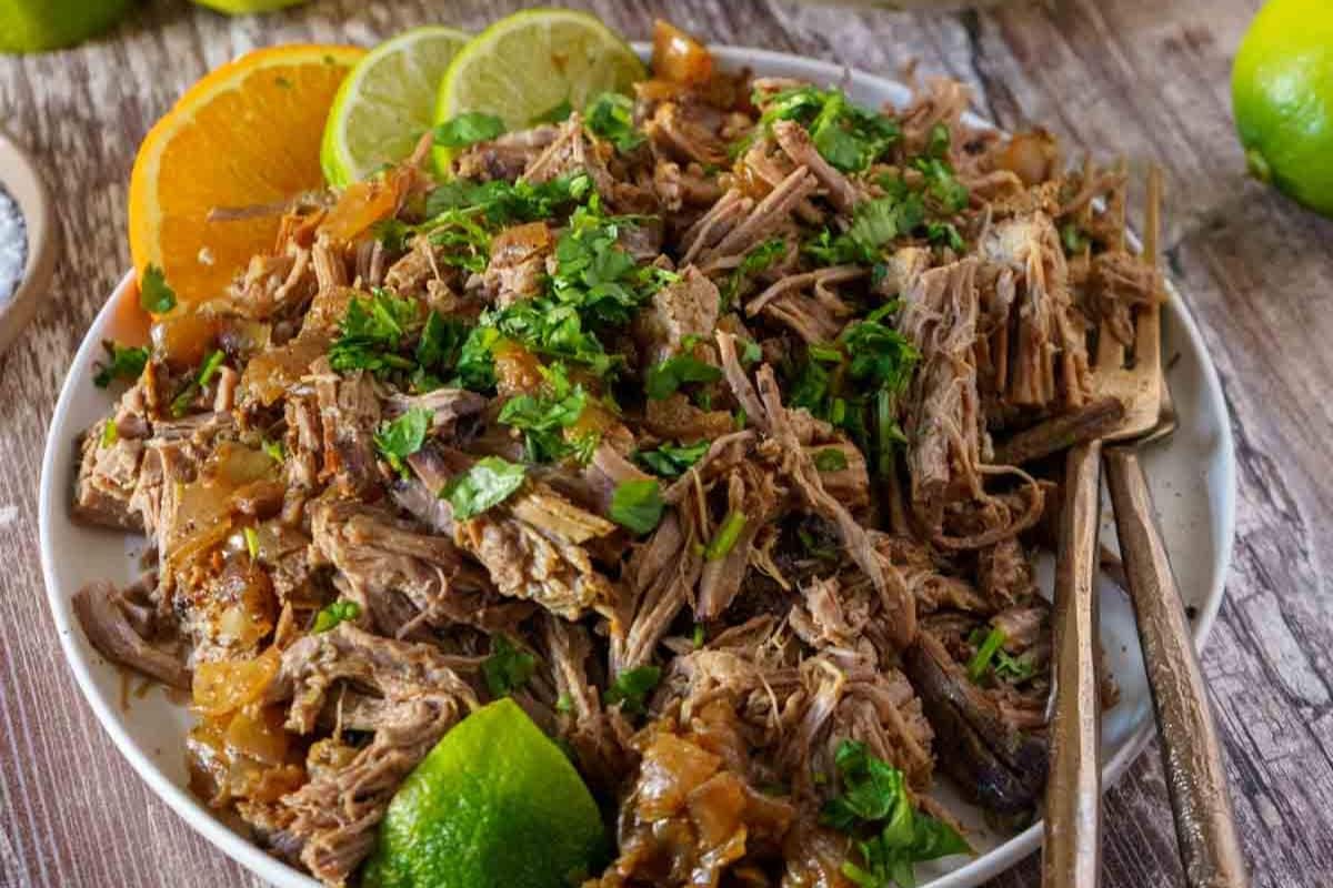 A close up shot of citrus shredded beef.