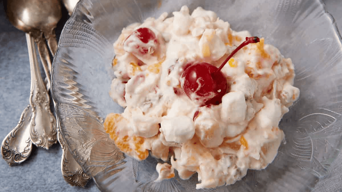 A close up shot of Ambrosia Fruit Salad.