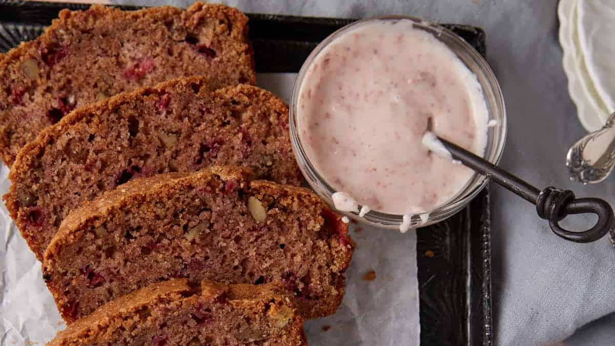 A close up shot of strawberry bread.