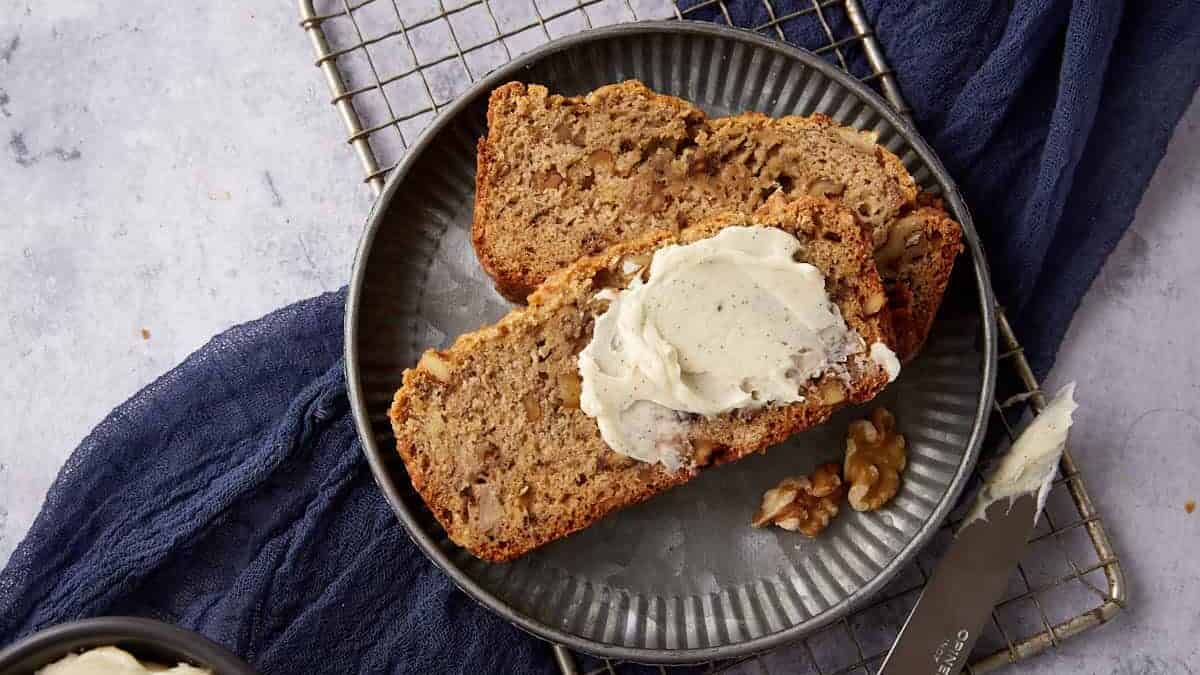 A close up shot of banana bread.