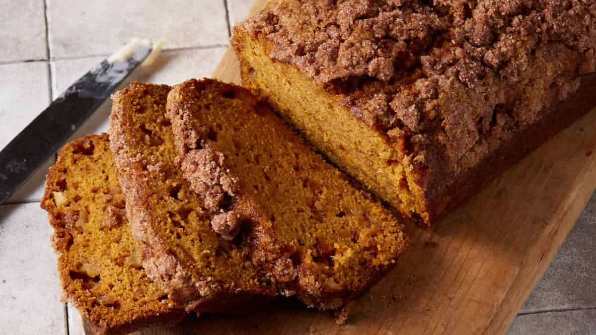 A close up shot of pumpkin apple bread.