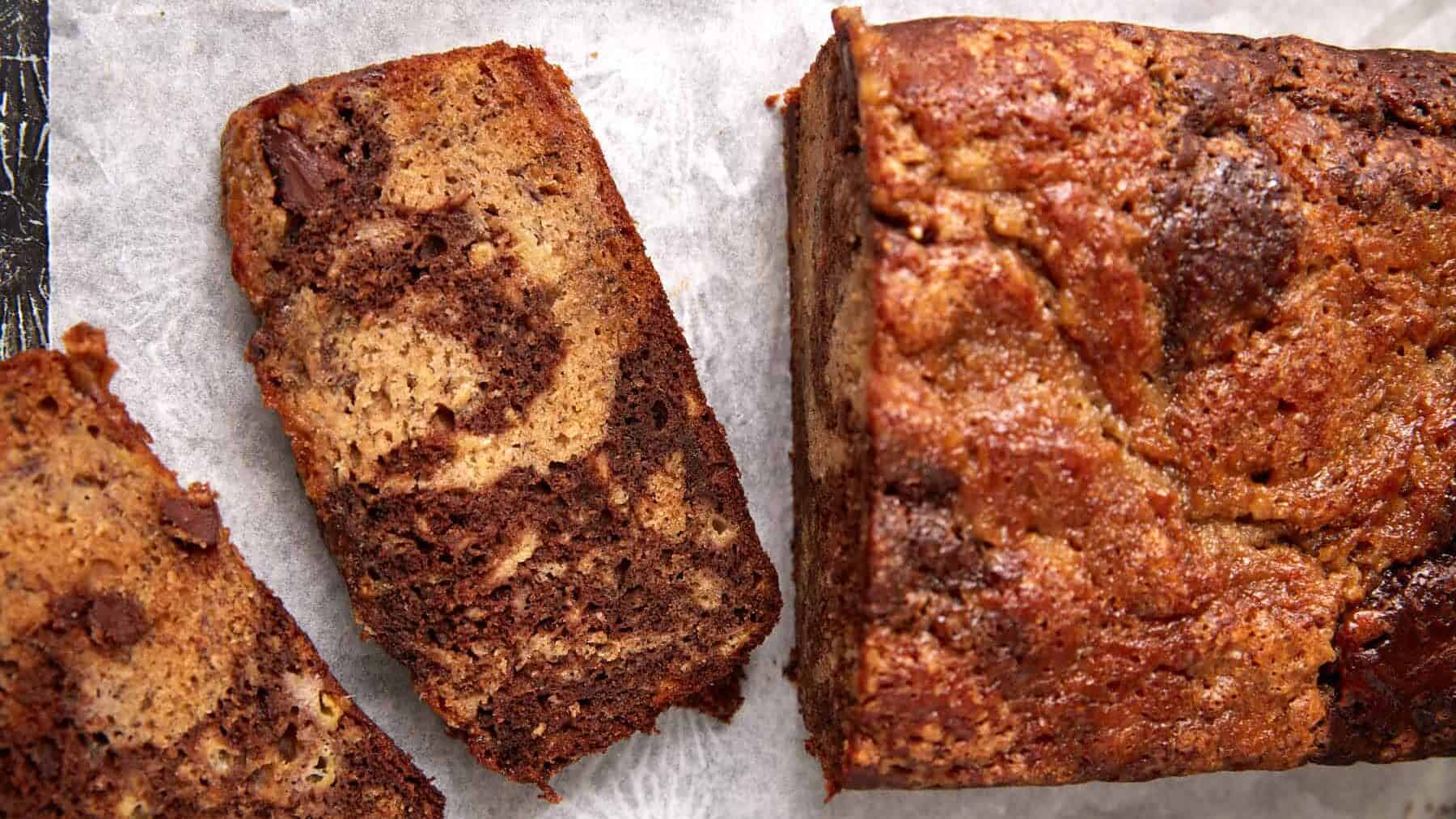 A close up shot of marbled chocolate banana bread.
