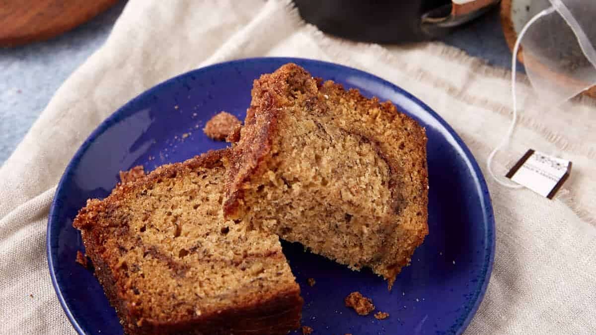 A close up shot of snickerdoodle banana bread.