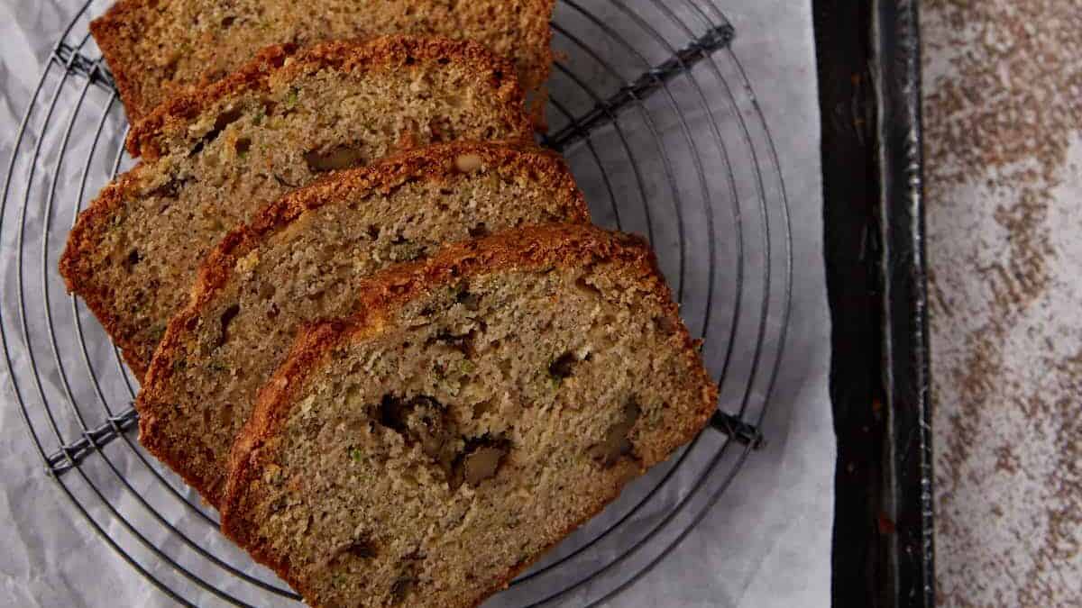 A close up shot of banana zucchini bread.