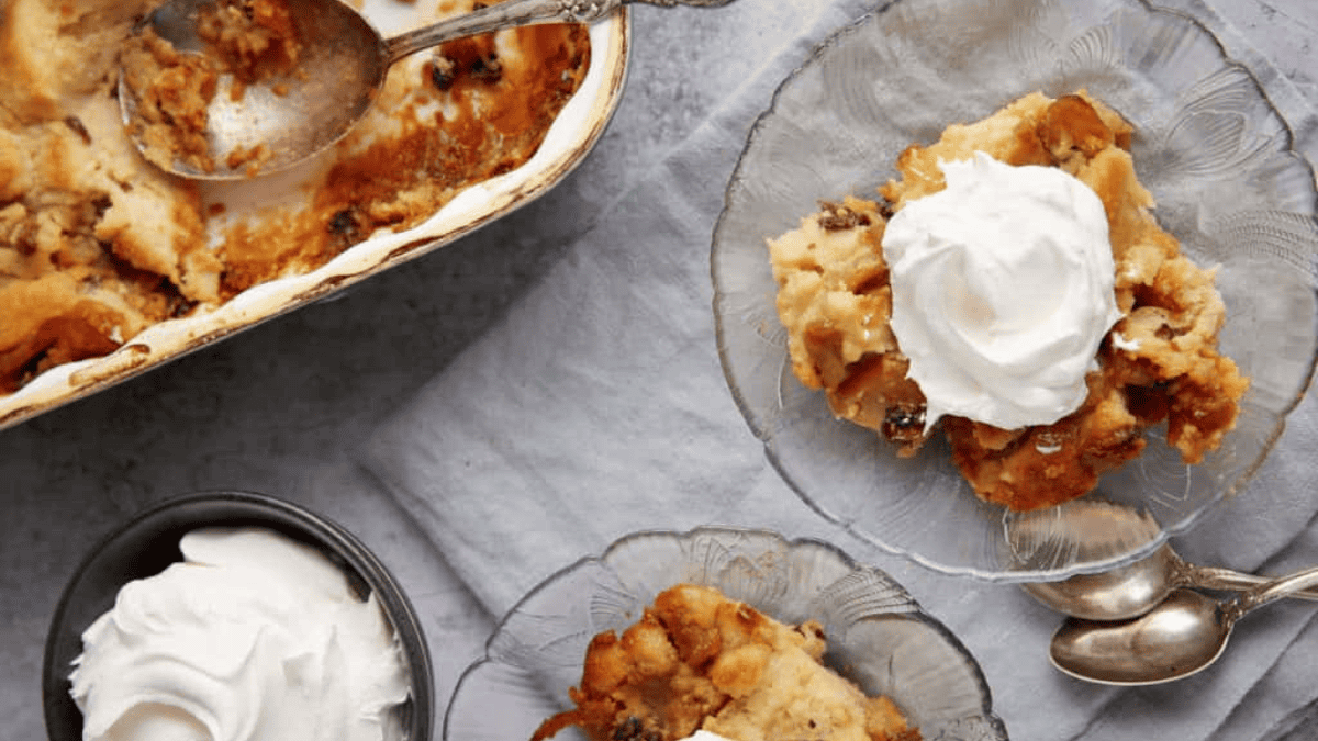 A close up shot of Apple Bread Pudding with Raisins.