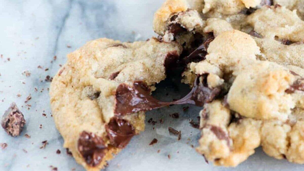 A close up shot of brown butter chocolate chip cookies.