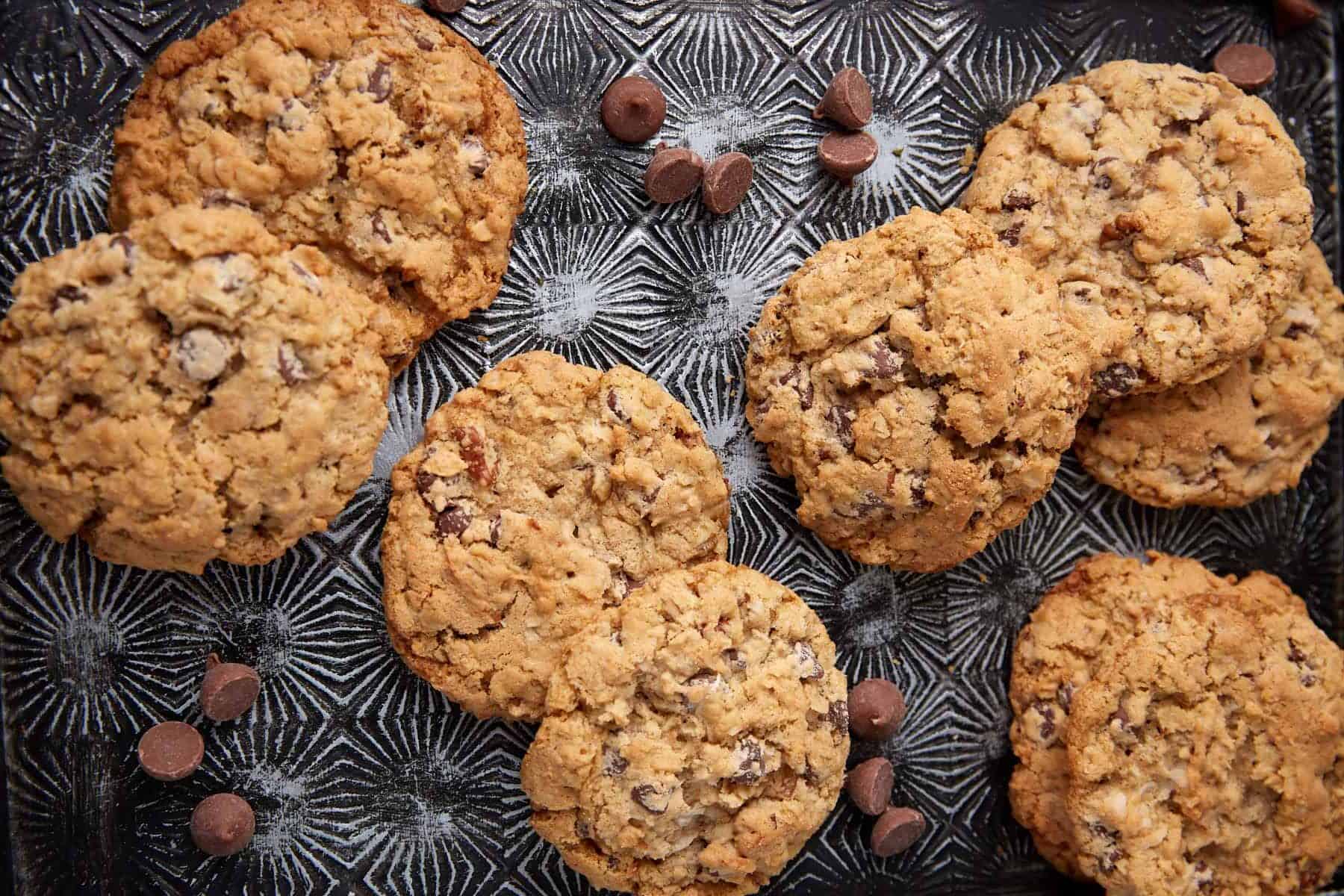 A close up shot of chocolate chip cookies with coconut and pecans.