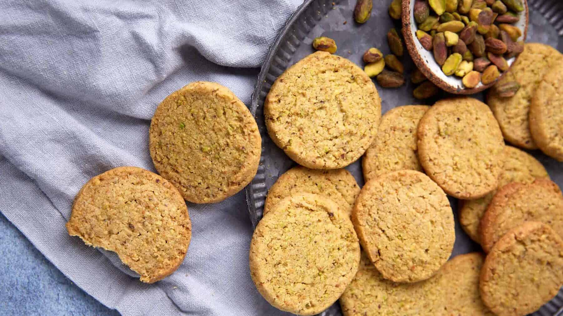 A close up shot of pistachio shortbread cookies.