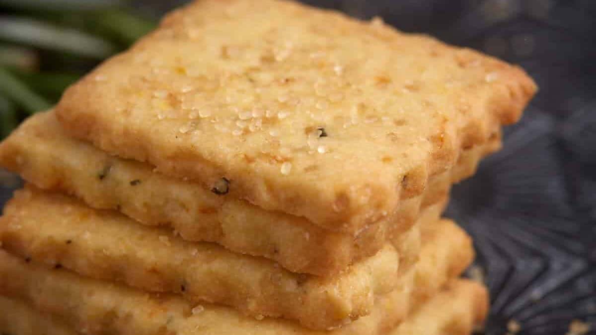 A close up shot of orange rosemary shortbread cookies.