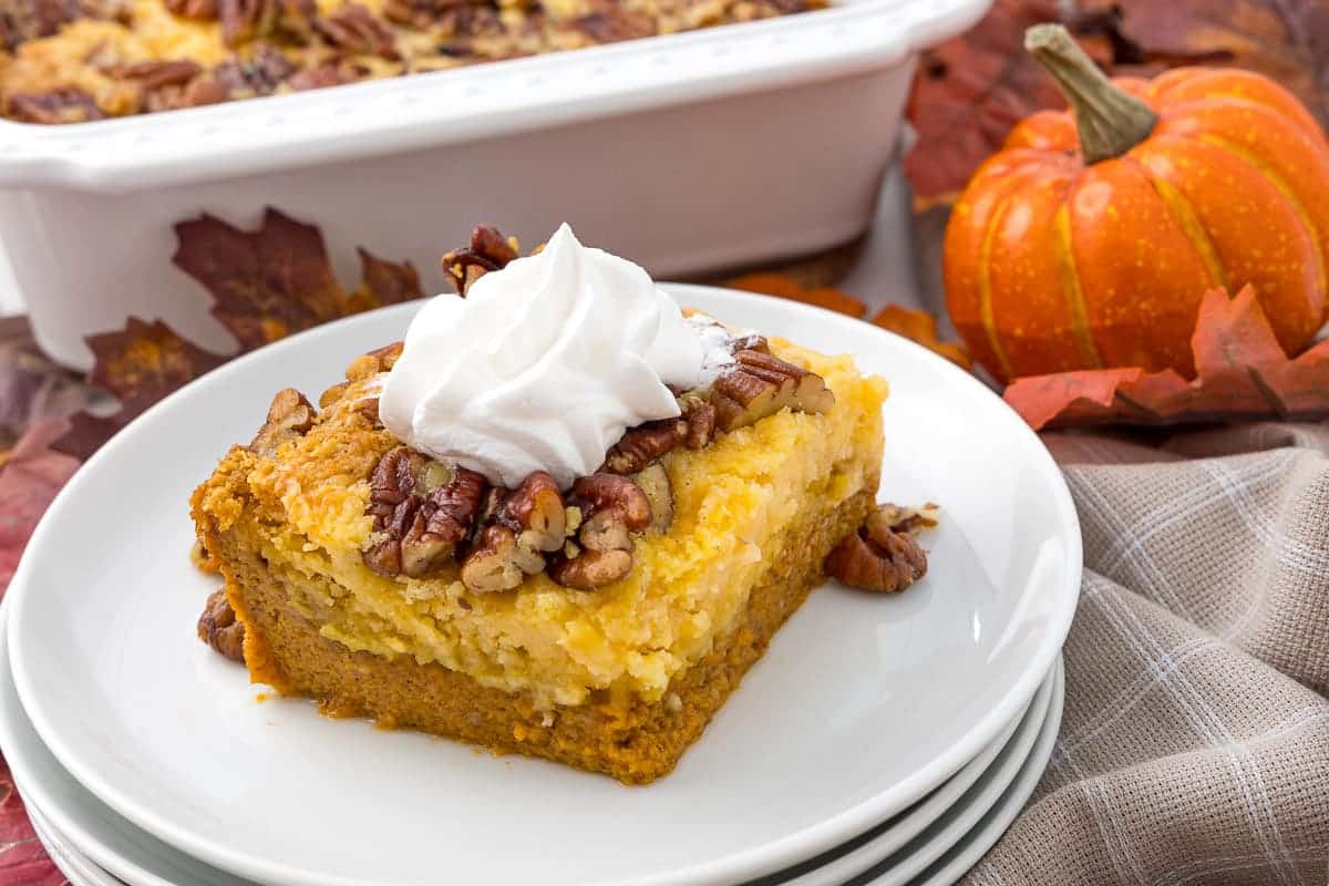 A close up shot of pumpkin dump cake.
