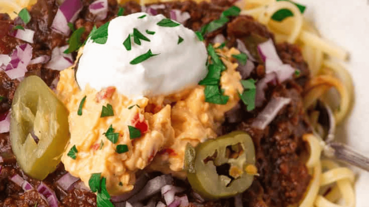 A close up shot of Cincinnati chili.