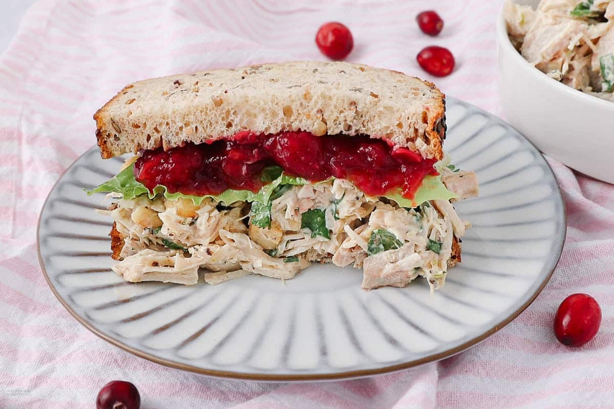 A close up shot of turkey salad sandwich.