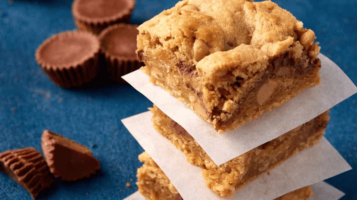 A close up shot of Reese's peanut butter bars with oatmeal.