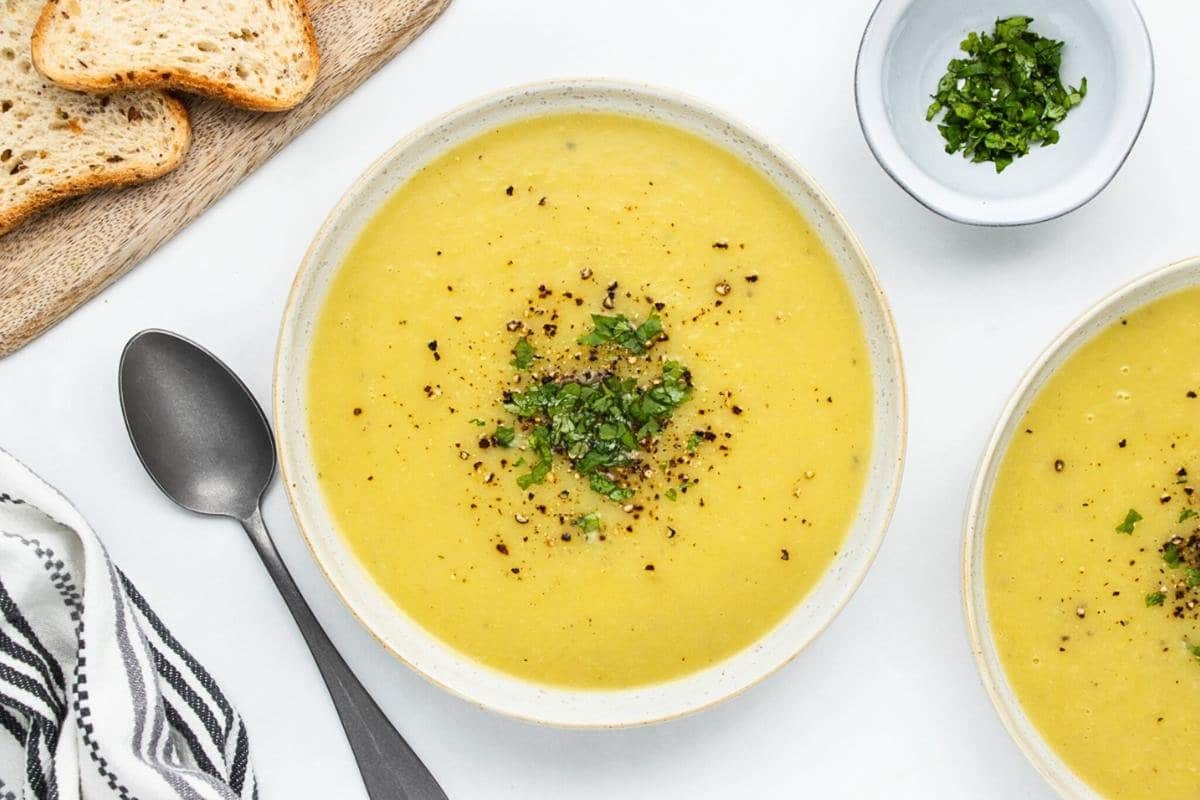 A close up shot of leek and potato soup.