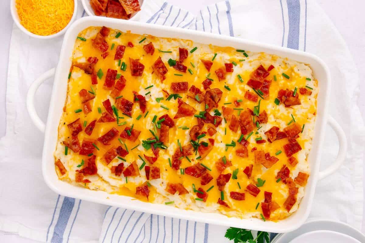 A close up shot of loaded baked potato casserole.
