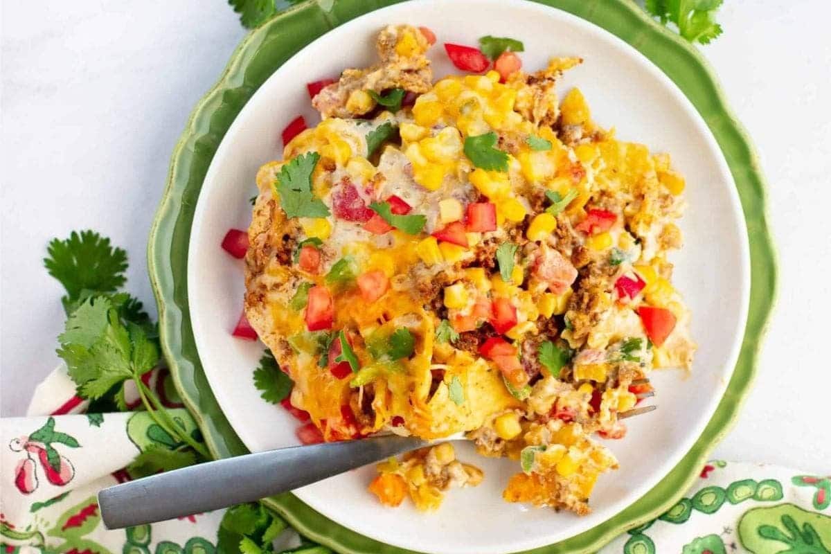 A close up shot of Mexican casserole.