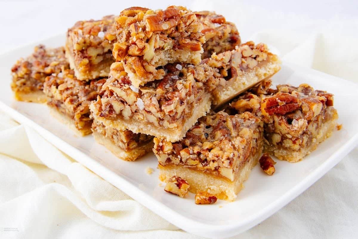 A close up shot of pecan bars.
