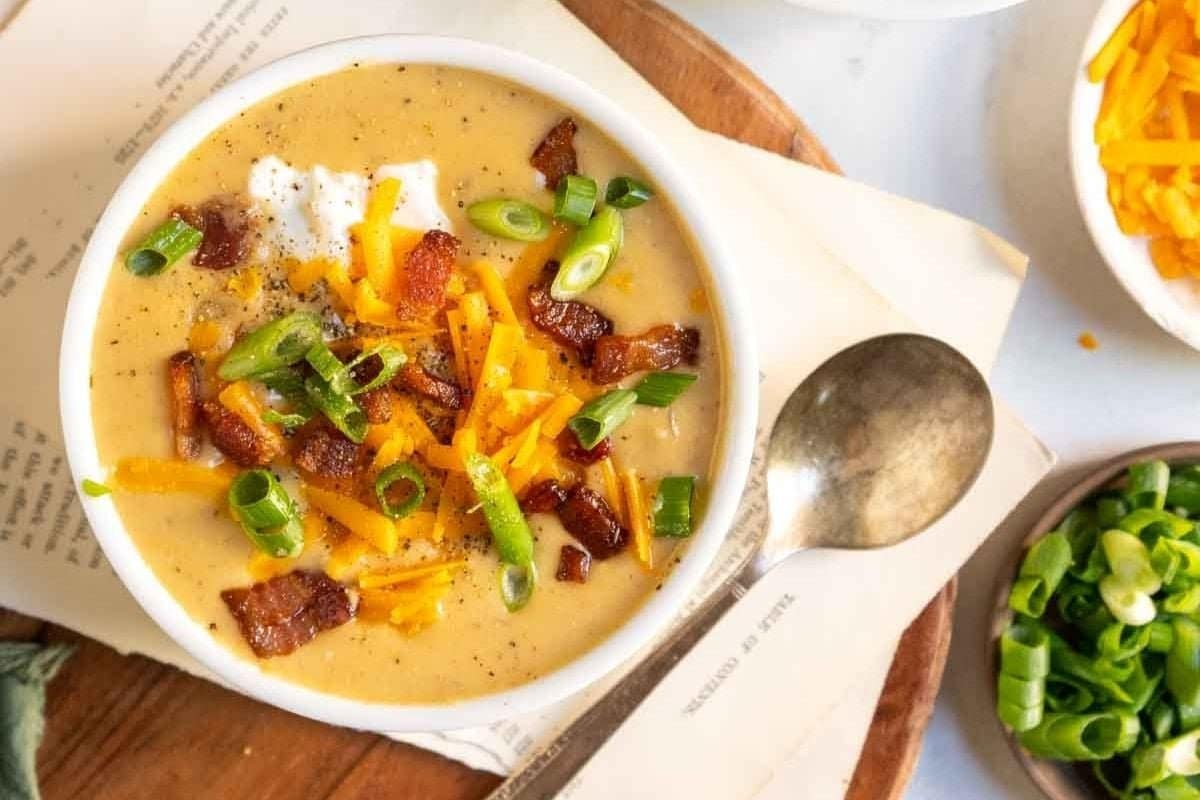 A close up shot of potato soup.