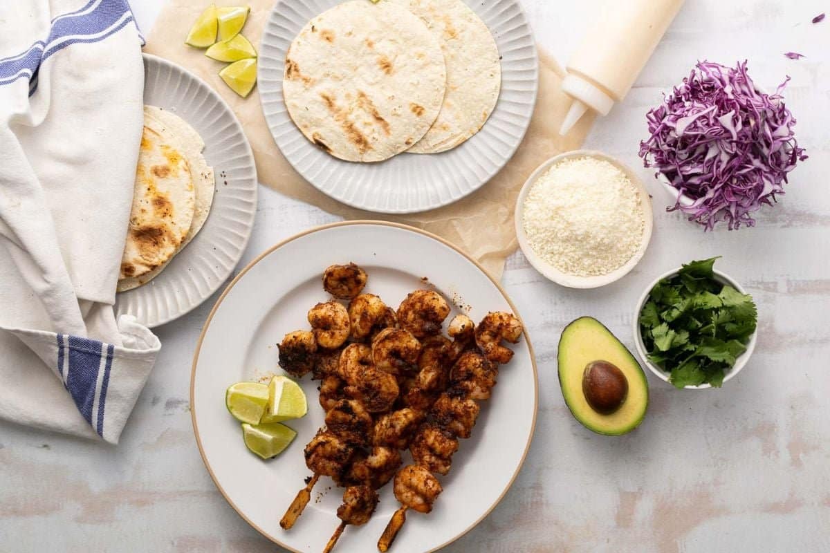 A close up shot of shrimp tacos.