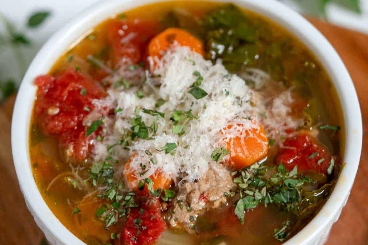 A close up shot of turkey soup.