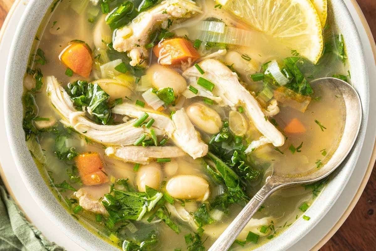 A close up shot of white bean soup.