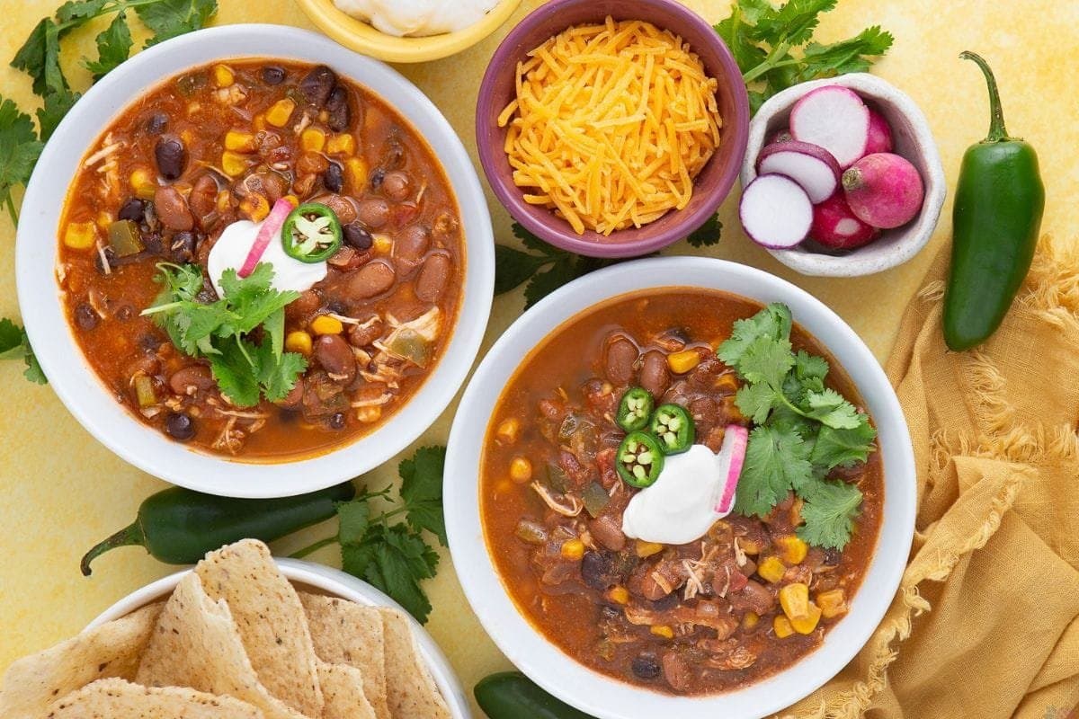 A close up shot of taco soup.