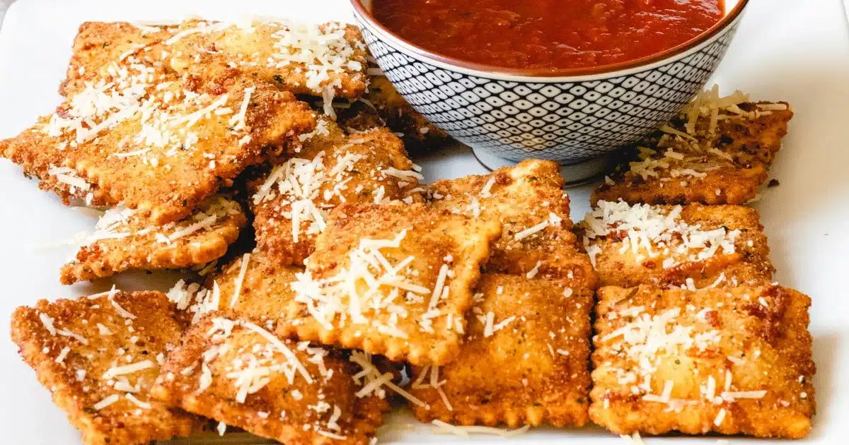 Close up shot of toasted ravioli.