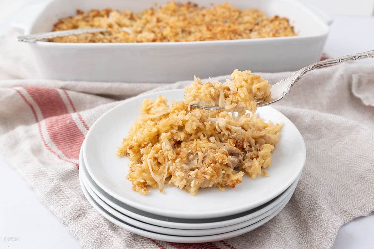 A close up shot of turkey rice casserole.