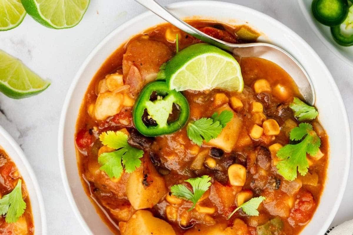 A close up shot of vegetable stew.